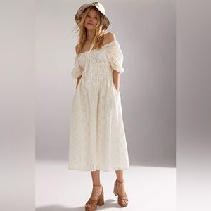 En Saison x Anthropologie Off-Shoulder Cream Midi Eyelet Dress Puff Sleeve
